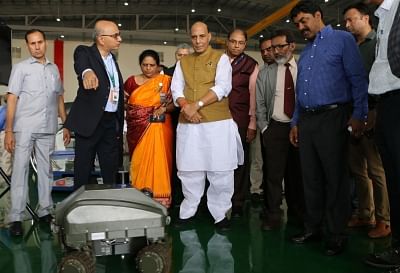 Bengaluru: Defence Minister Rajnath Singh visits an exhibition displaying indigenously developed defence equipment and platforms by DRDO and HAL, in Bengaluru on Sep 19, 2019. (Photo: IANS/PIB)