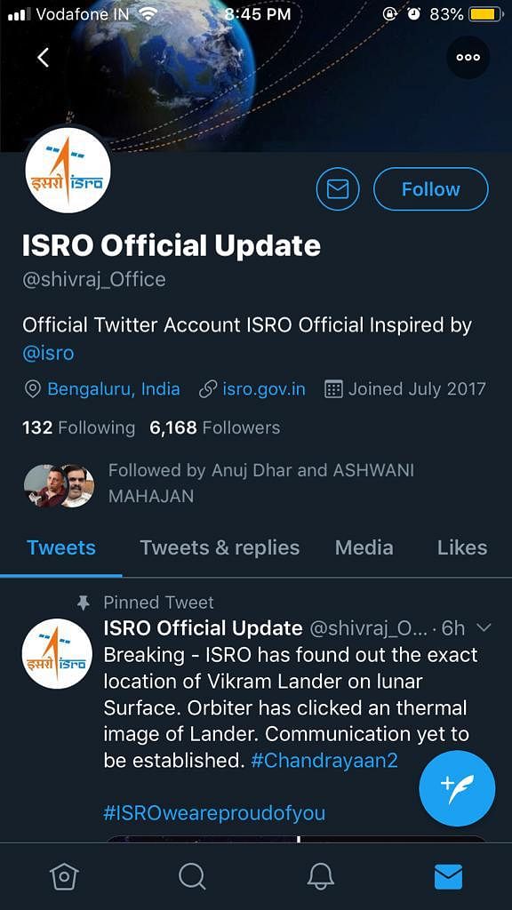 One of the accounts in ISRO chairman K Sivan’s name had over 30,000 followers.