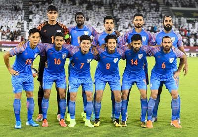 DOHA, Sept. 11, 2019 (Xinhua) -- Players of India pose before the FIFA World Cup Qatar 2022 and AFC Asian Cup China 2023 Preliminary Joint Qualification second round Group E football match between Qatar and India in Doha, Qatar, on Sept. 10, 2019. (Photo by Nikku/Xinhua/IANS)
