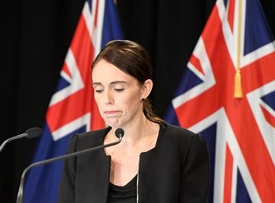WELLINGTON, March 16, 2019 (Xinhua) -- New Zealand Prime Minister Jacinda Ardern reacts during a briefing in Wellington, capital of New Zealand, on March 16, 2019. Jacinda Ardern reiterated to the public on Saturday morning that the country
