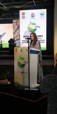 Actress Dia Mirza addresses during the 14th Conference of Parties (COP14) to United Nations Convention to Combat Desertification (UNCCD) in Greater Noida, Uttar Pradesh on Sept. 9, 2019.