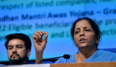 New Delhi: Union Finance and Corporate Affairs Minister Nirmala Sitharaman accompanied by Union MoS Finance and Corporate Affairs Anurag Thakur, addresses a press conference in New Delhi on Sep 14, 2019. (Photo: IANS)