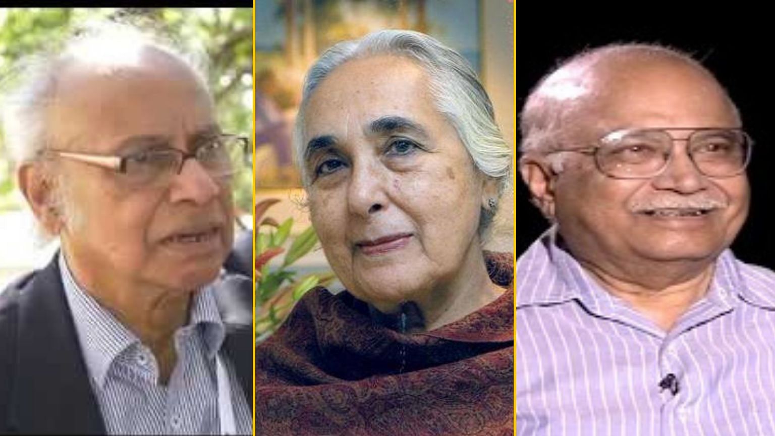 Former JNU vice-chancellor Asis Datta, historian Romila Thapar and noted scientist R Rajaraman