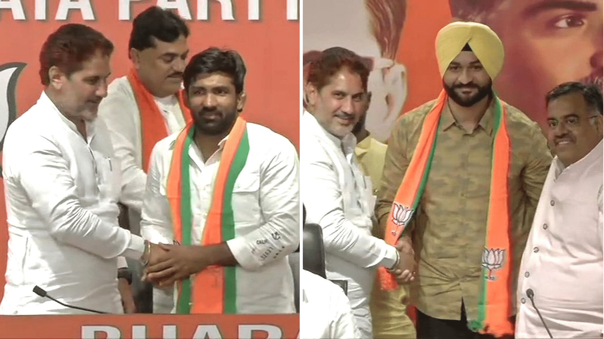 Olympic medallist wrestler Yogeshwar Dutt (L) and former Indian hockey captain Sandeep Singh joined the Bharatiya Janata Party (BJP) in Delhi.