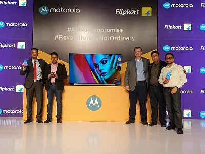 New Delhi: Motorola Mobility Head (Product Marketing and E-Commerce) Uvais Chinoy, MD Prashanth Mani, Motorola Legal Head (Trademarks, Brand and Advertising) David Carroll, Flipkart Vice President (Electronics, Private Labels and Furniture) Adarsh K. Menon and Vice President (Mobile and Large Appliances) Ajay Veer Yadav at the launch of Motorola Smart TV and Moto E6s smartphones, in New Delhi on Sep 16, 2019. (Photo: IANS)