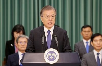 Seoul: President Moon Jae-in announces a statement at the president office on Sept. 9, 2019, after appointing Cho Kuk, a former senior presidential secretary for civil affairs, as the new justice minister despite allegations of ethical lapses involving his family.(Yonhap/IANS)