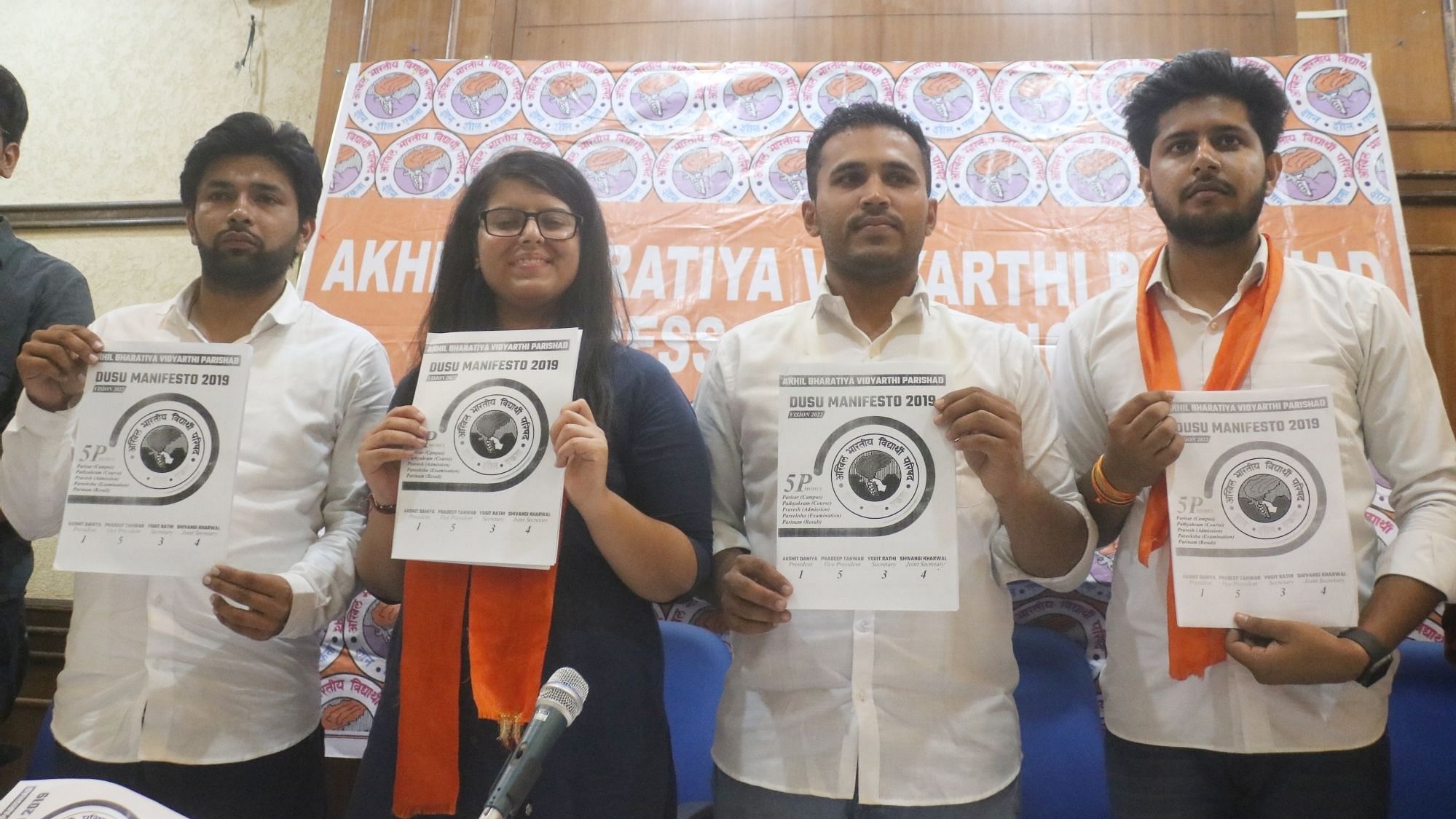 ABVP candidates release their election manifesto for election to Delhi University Students’ Union (DUSU) on 7 September.