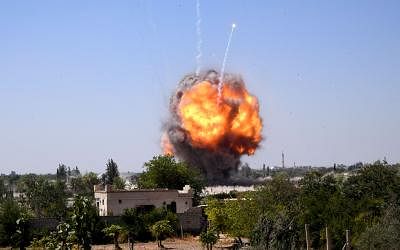 DAMASCUS, Sept. 3, 2019 (Xinhua) -- Fire is seen after the army detonated bombs left by the rebels in agricultural areas in the Eastern Ghouta countryside of Damascus, Syria, on Sept. 3, 2019. The Syrian official media said that the army is defusing weapons left by the rebels in Eastern Ghouta. (Photo by Ammar Safarjalani/Xinhua/IANS)