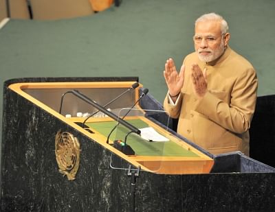New York (US): Prime Minister Narendra Modi addressing the United Nations Summit for the adoption of Post-2015 Development Agenda, in New York on Sep. 25, 2015. (Photo: IANS/PIB)