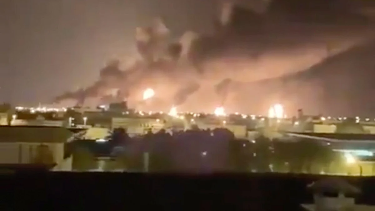 Smoke fills the sky at the Abqaiq oil processing facility on Saturday, in Saudi Arabia.