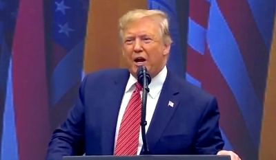 Houston: US President Donald Trump addresses during the