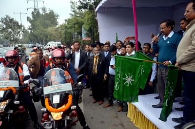 New Delhi: Delhi Chief Minister Arvind Kejriwal and Health Minister Satyendar Jain flag off bike ambulance services at Delhi Secretariat, on Feb 7, 2019. To ensure timely health assistance in traffic-congested areas and small lanes, the Delhi government on Thursday launched a fleet of 16 bikes, which will have a portable oxygen cylinder, first aid kit and dressing materials, air-splints, GPS and communication device, among others. (Photo: IANS)