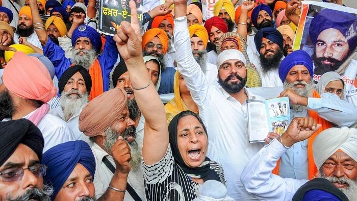  Supporters of radical Sikh organisations shout slogans at a demonstration marking 34th anniversary of Blue Star in Amritsar in 2018. (Image used for representational purposes).