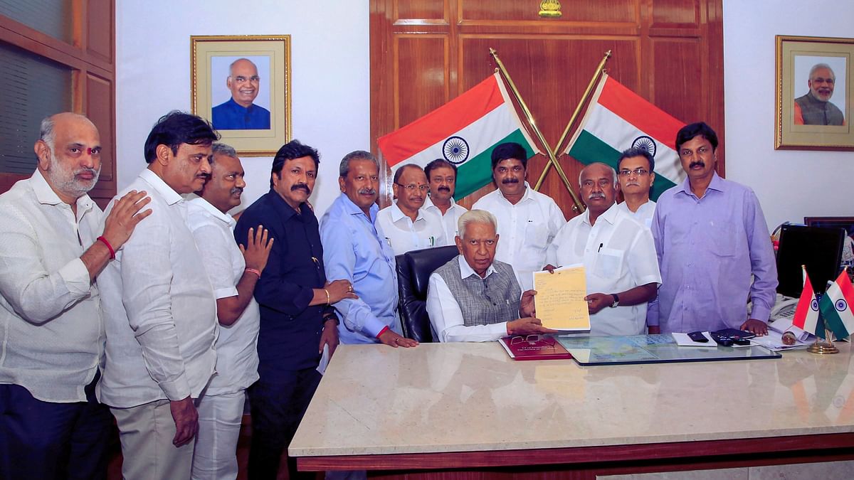 The rebel MLAs submit their resignations to Karnataka Governor Vajubhai Vala.