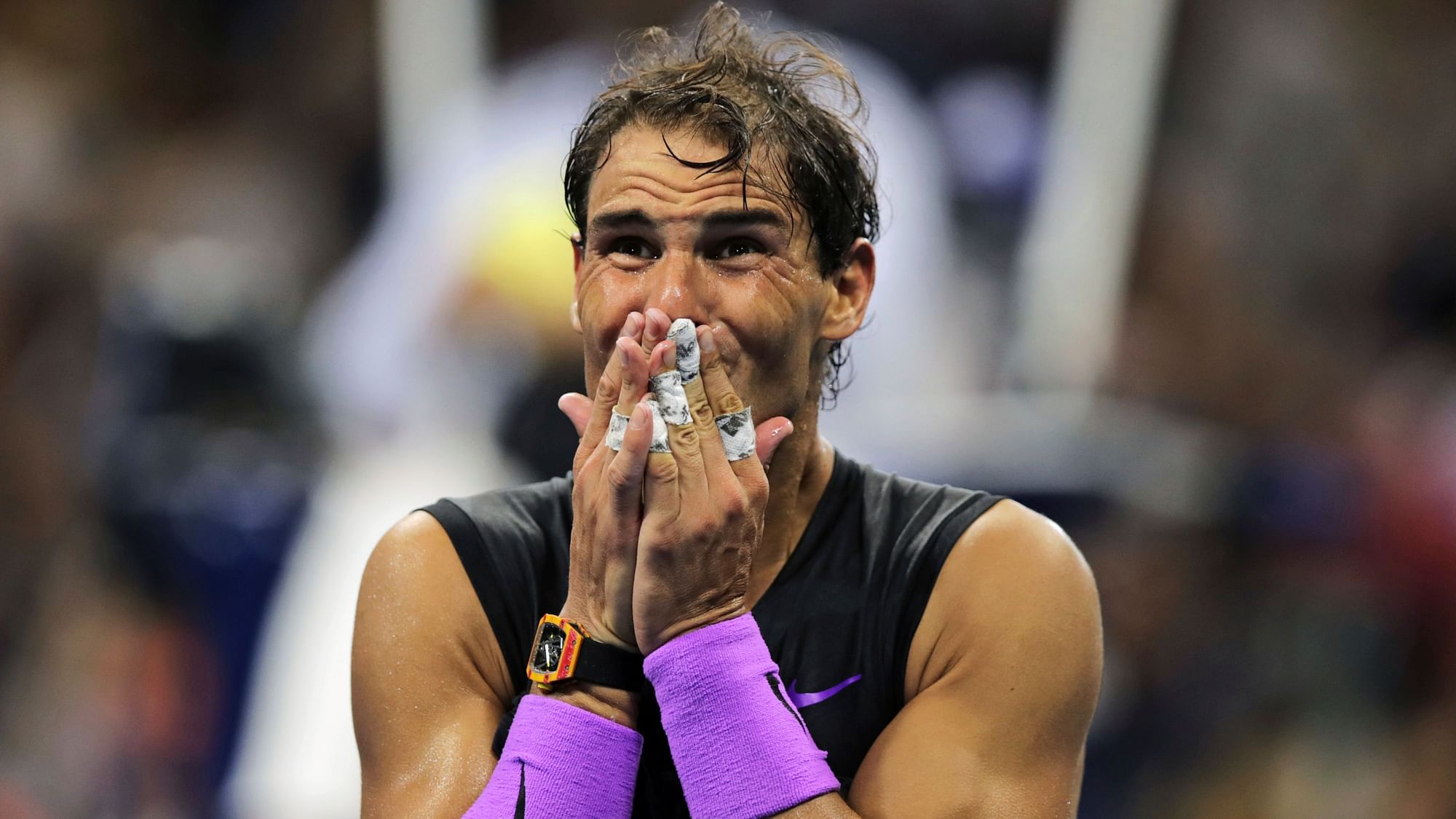 Rafael Nadal, of Spain, reacts after defeating Daniil Medvedev, of Russia, to win the men’s singles final of the U.S. Open tennis championships Sunday, Sept. 8, 2019, in New York.
