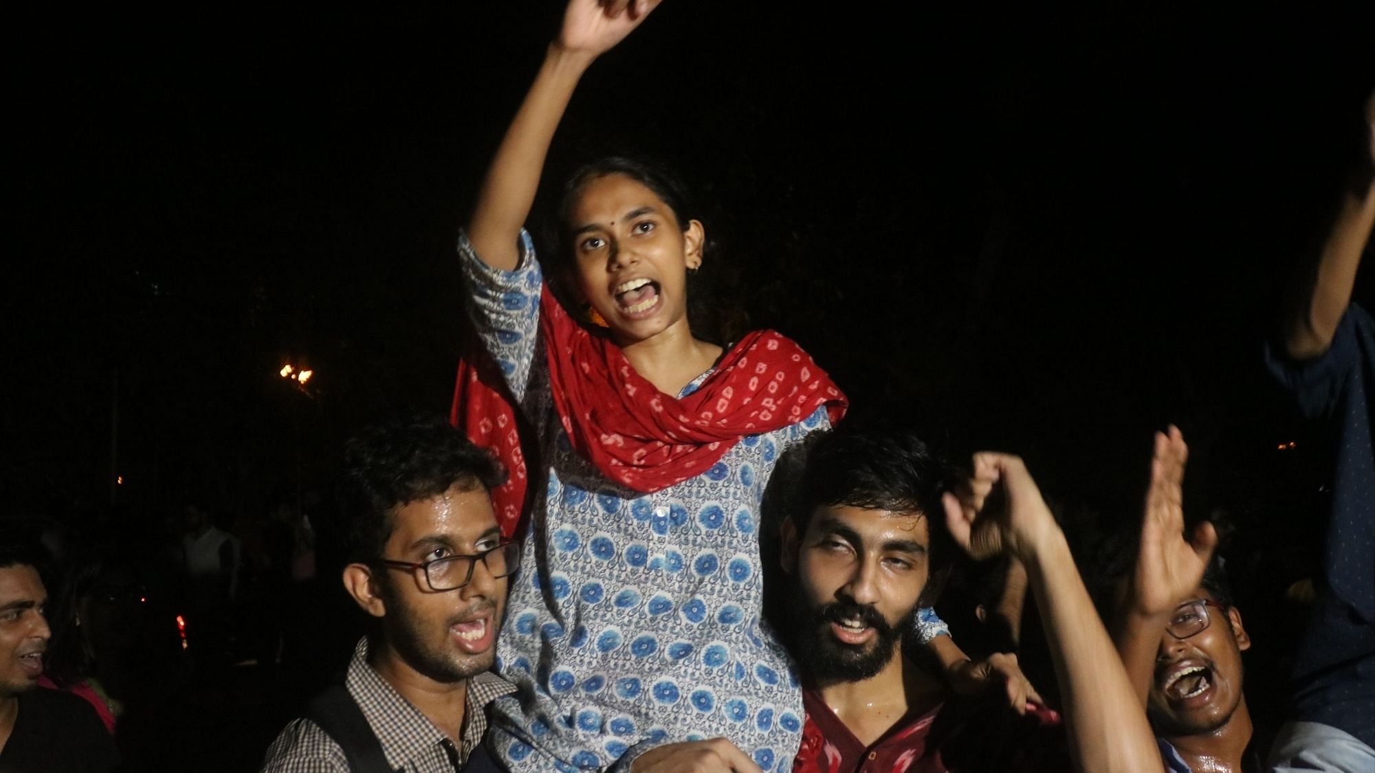 Newly-elected JNU Students’ Union president Aishe Ghosh celebrates after the announcement of the results on 17 September.&nbsp;