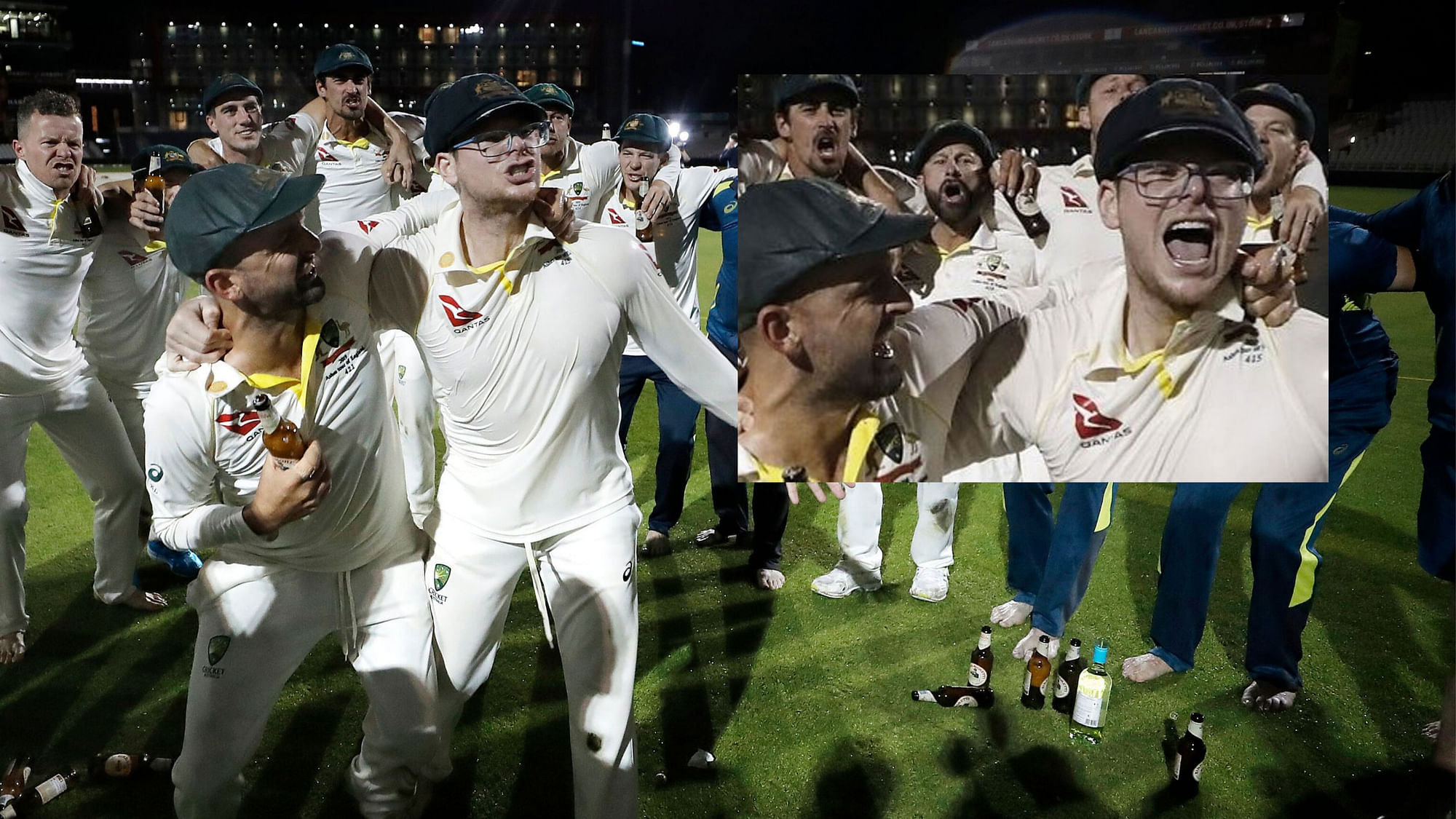 After Australia’s Ashes victory, Steve Smith celebrated in the team huddle by wearing glasses and shadow batting like Jack Leach