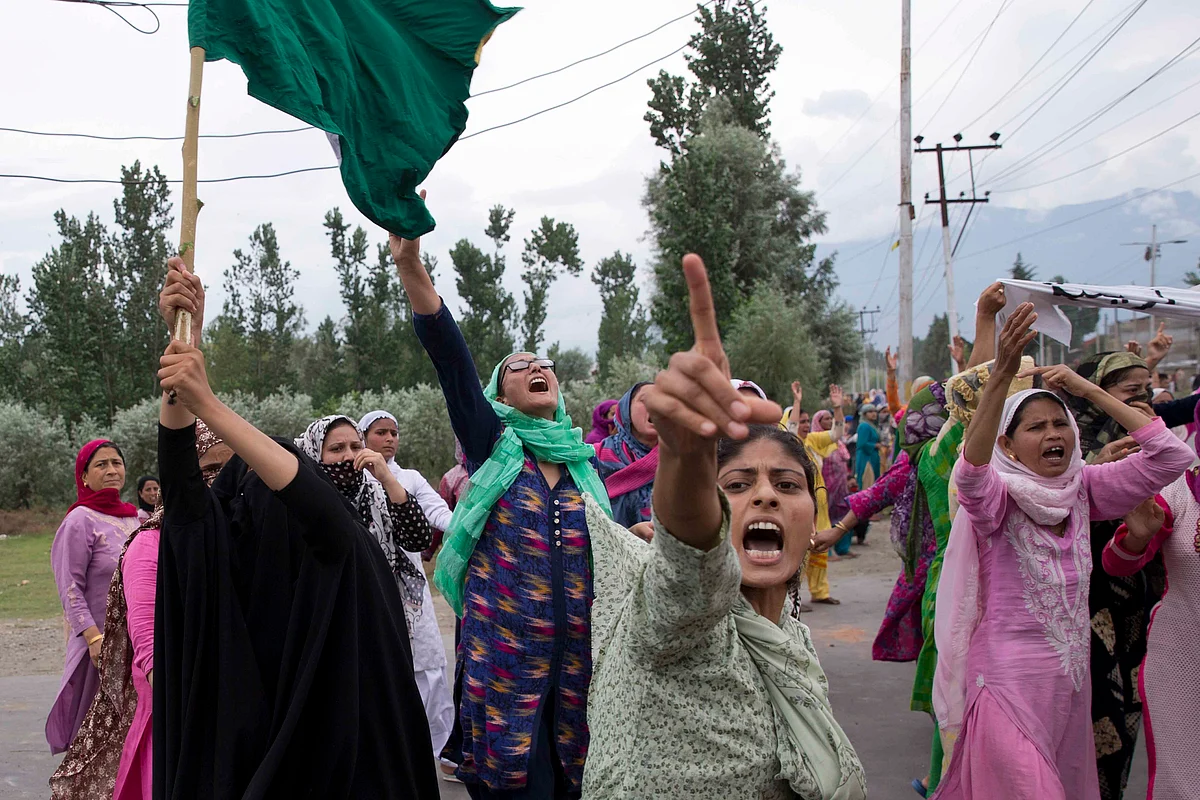 Women protesting against the abrogation of Article 370 in Srinagar’s Soura area, on 9 August.