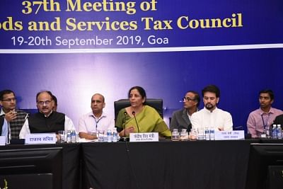 Goa: Union Finance Minister Nirmala Sitharaman chairs the 37th council meeting of the Goods and Services Council (GST) in Goa on Sep 20, 2019. Also seen Union MoS Finance Anurag Thakur and Revenue Secretary Ajay Bhushan Pandey. (Photo: IANS)