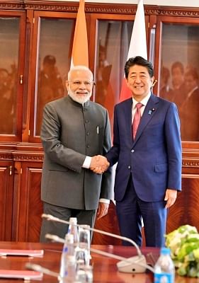 Vladivostok: Prime Minister Narendra Modi meets Japanese Prime Minister Shinzo Abe on the margins of the 5th Eastern Economic Forum in Vladivostok, Russia on Sep 5, 2019. (Photo: IANS/MEA)