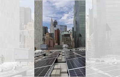 Gandhi Solar Park on the roof of a building in the United Nations headquarters in New York with a view of the city