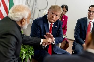 Biarritz: Prime Minister Narendra Modi meets US President Donald Trump on the sidelines of the G7 Summit in Biarritz, France on Aug 26, 2019. (Photo: IANS/MEA)