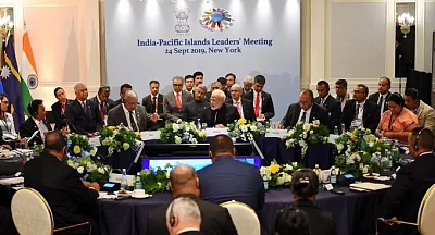 Prime Minister Narendra Modi addresses during India-Pascific Islands Leaders
