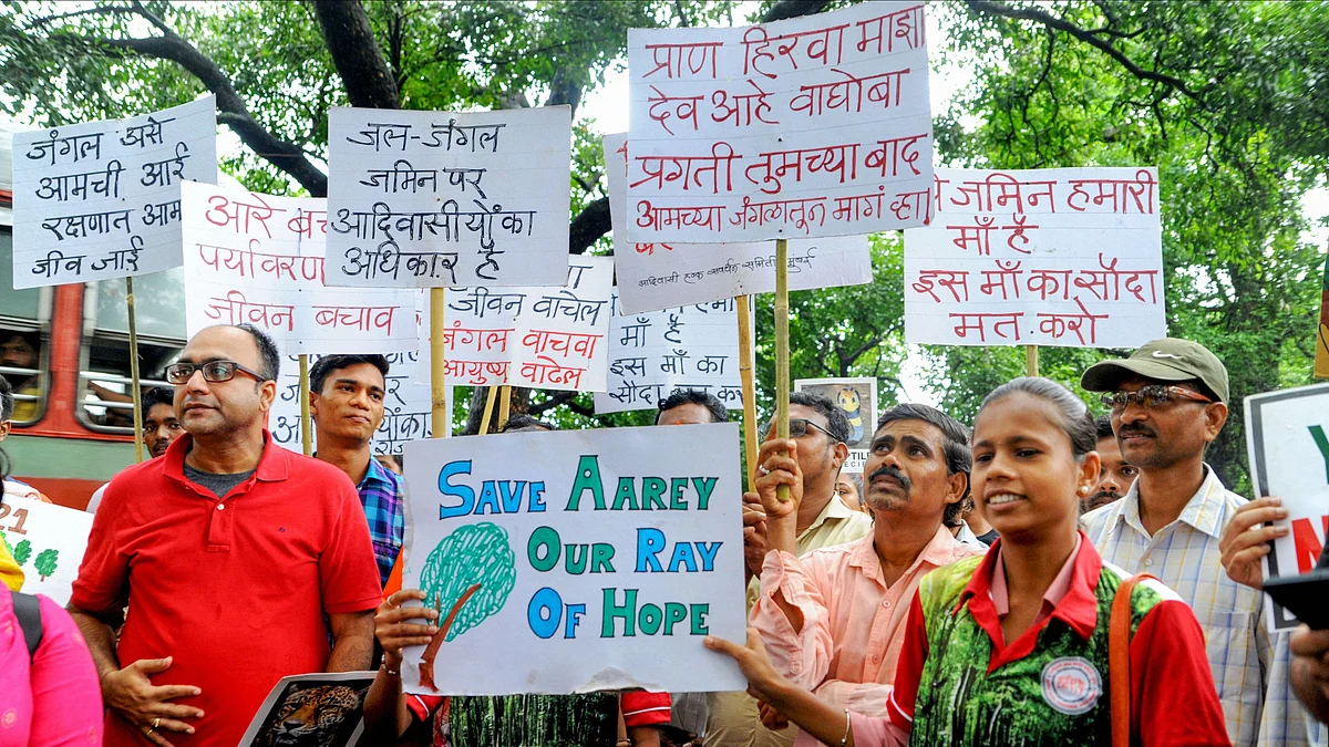 File picture of protesters demonstrating against the decision to cut trees in Aarey colony.