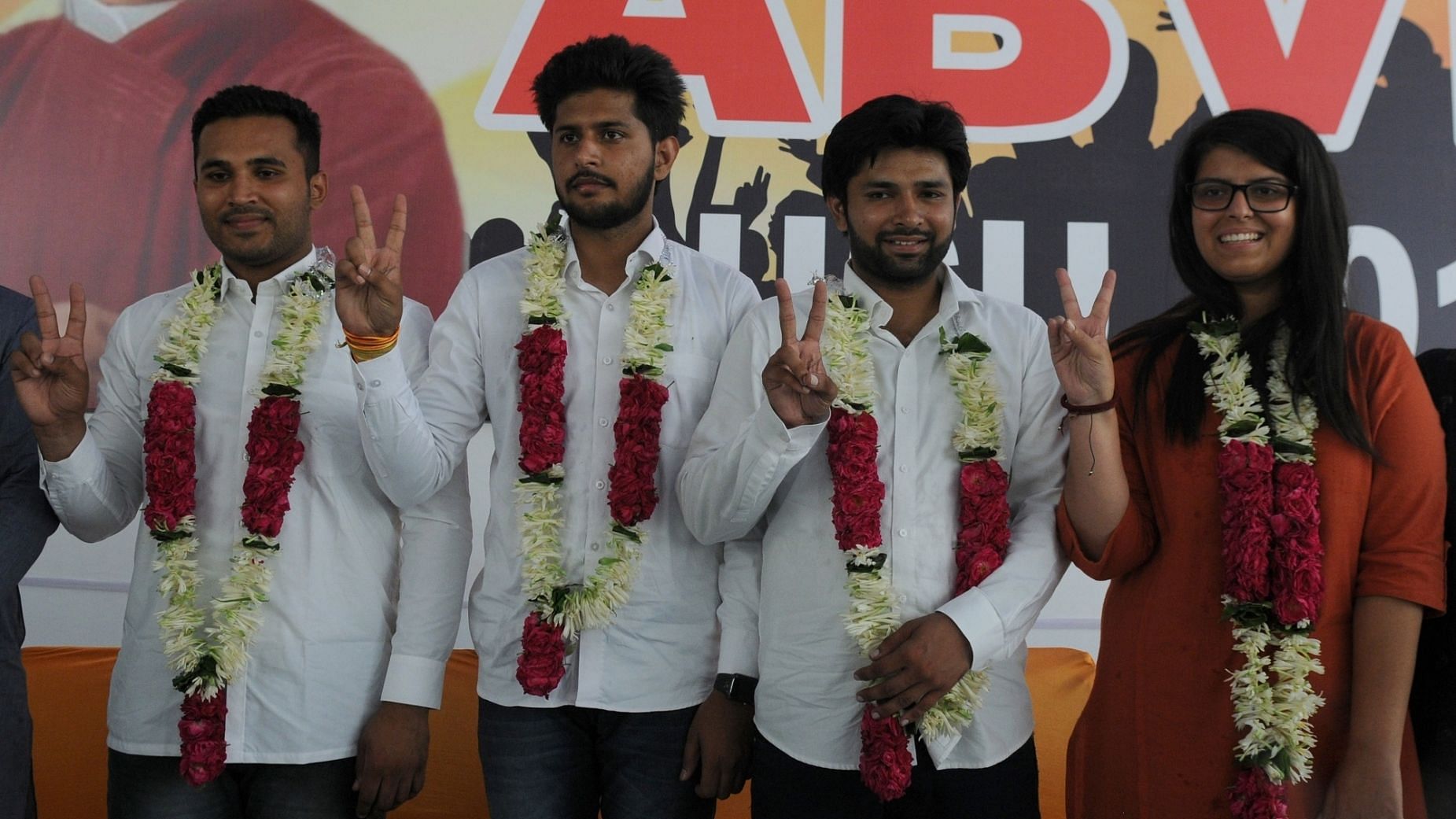 (L-R) ABVP candidates for the upcoming elections to DUSU - Akshit Dahiya for president, Pradeep Tanwar for vice-president, Yogit Rathee for secretary and Shivangi Kherwal for joint secretary.&nbsp;
