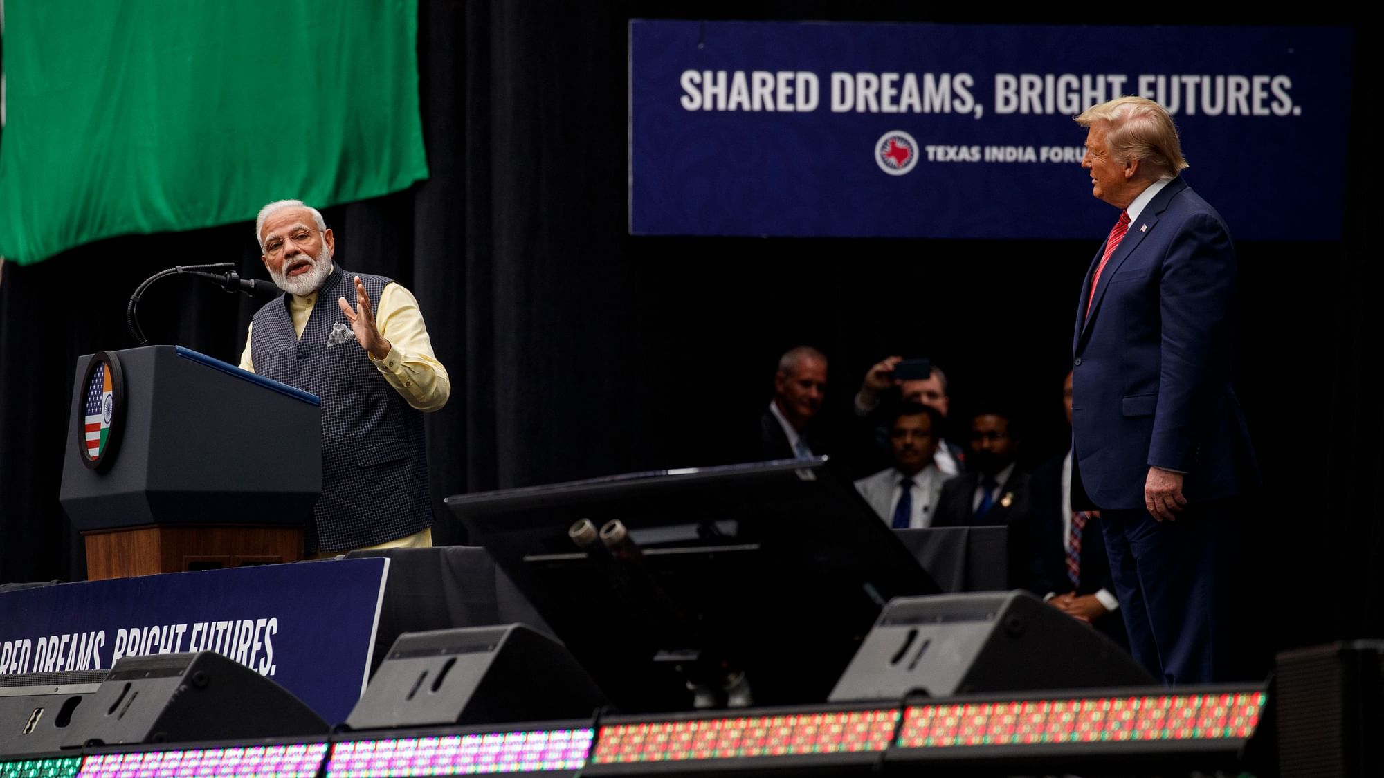 President Donald Trump arrives listens as Indian Prime Minister Narendra Modi speaks at the “Howdy Modi: Shared Dreams, Bright Futures.”