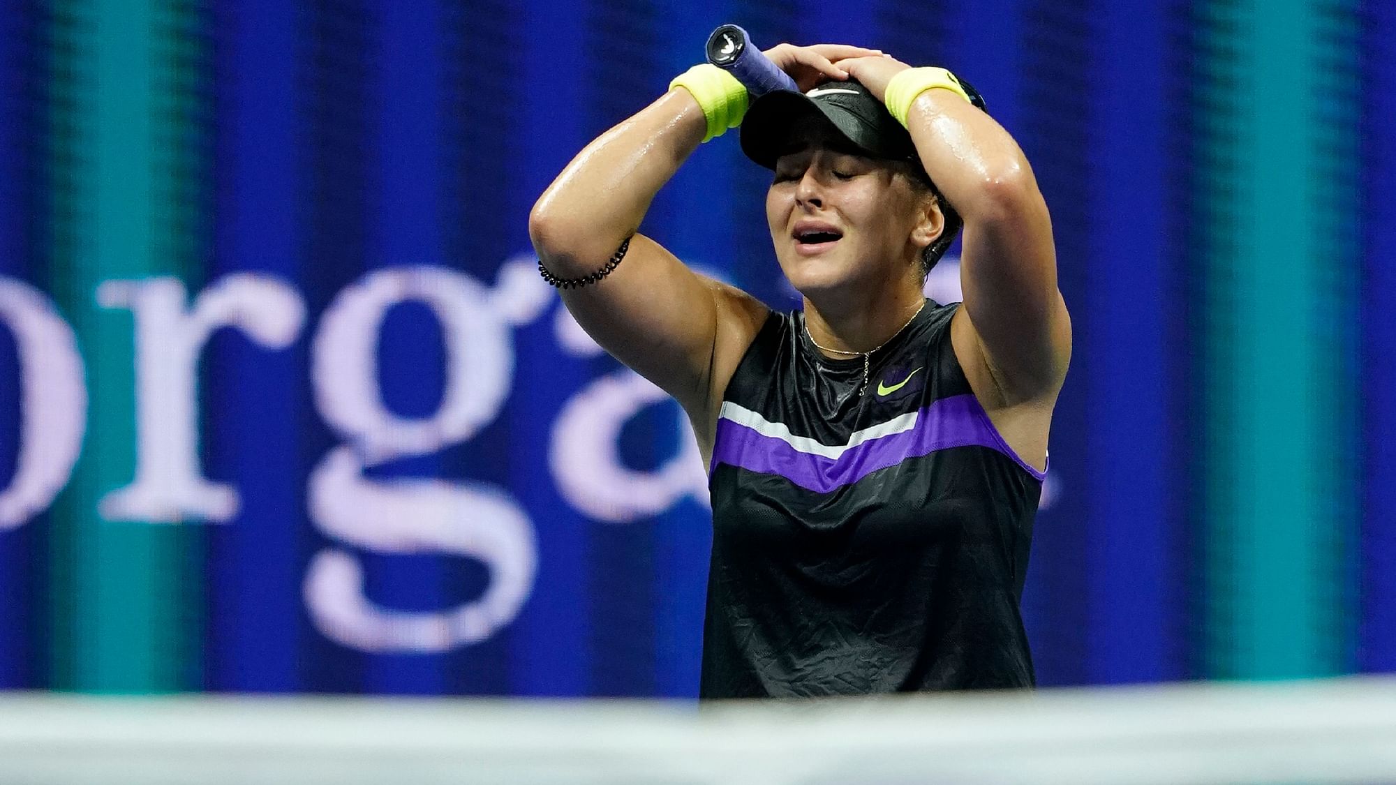 Bianca Andreescu reacts after beating Belinda Bencic in the semi-final.