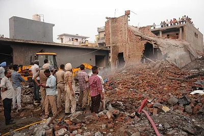 Gurdaspur: Rescue operations underway at the site of a blast at an unauthorized firecracker factory in a residential in Batala town of Punjab
