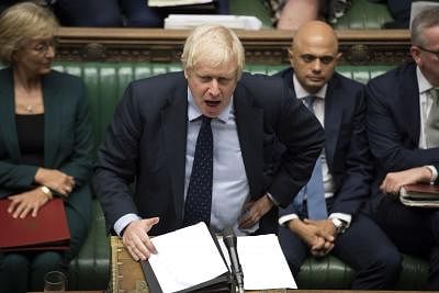 LONDON, Sept. 3, 2019 (Xinhua) -- British Prime Minister Boris Johnson (Front) speaks in the House of Commons in London, Britain, on Sept. 3, 2019. British Prime Minister Boris Johnson on Tuesday lost a key Brexit vote in the House of Commons as anti-no deal MPs take control of the parliamentary business. (Jessica Taylor/UK Parliament/Handout via Xinhua/IANS)