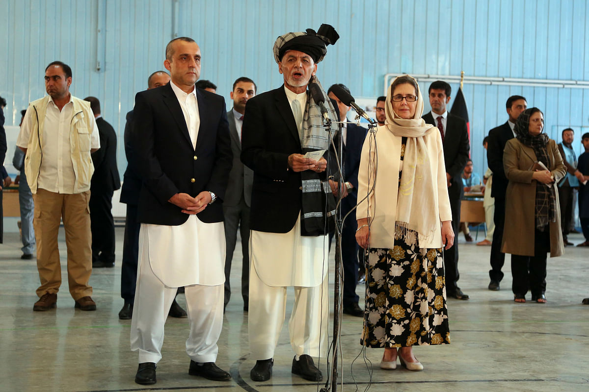 Afghan President Ashraf Ghani speaks to journalists after voting at Amani high school, near the presidential palace in Kabul, Afghanistan, Saturday, 28 September 2019. Afghans headed to the polls on Saturday to elect a new president amid high security and Taliban threats to disrupt the elections, with the rebels warning citizens to stay home or risk being hurt.&nbsp;