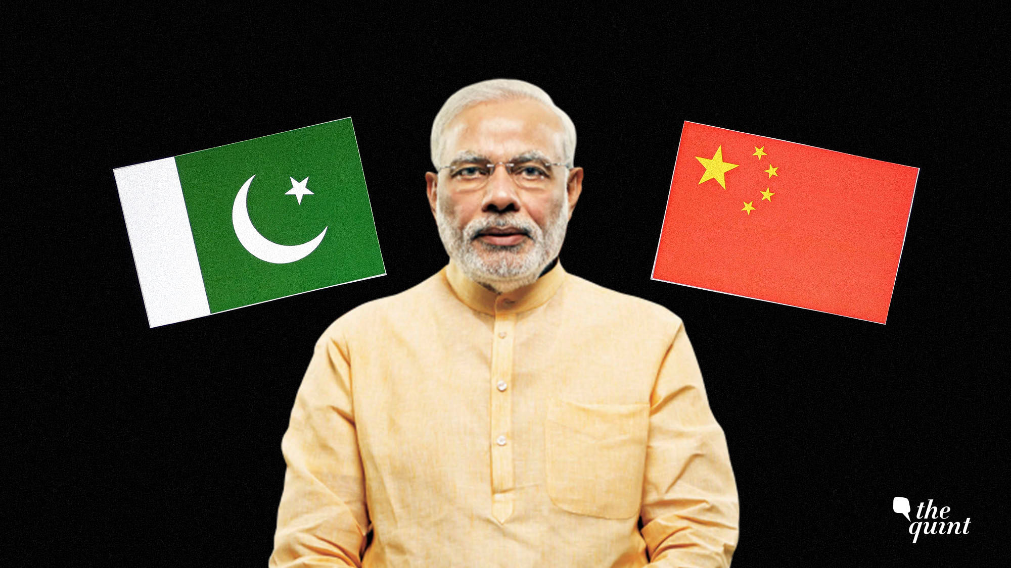 Image of PM Modi and flags of China (R) and Pakistan (L) used for representation.