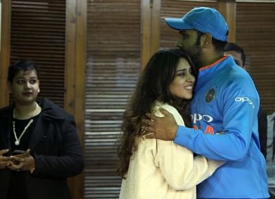 Mohali: Indian cricketer Rohit Sharma with his wife Ritika Sajdeh after he became the first cricketer to score three double hundred in the One-Day International (ODI), at Punjab Cricket Association IS Bindra Stadium in Mohali on Dec 13, 2017. (Photo: ÃƒÂ¢Ã‚Â€Ã‚Â‹Surjeet YadavÃƒÂ¢Ã‚Â€Ã‚Â‹/ÃƒÂ¢Ã‚Â€Ã‚Â‹ÃƒÂ¢Ã‚Â€Ã‚Â‹IANS)
