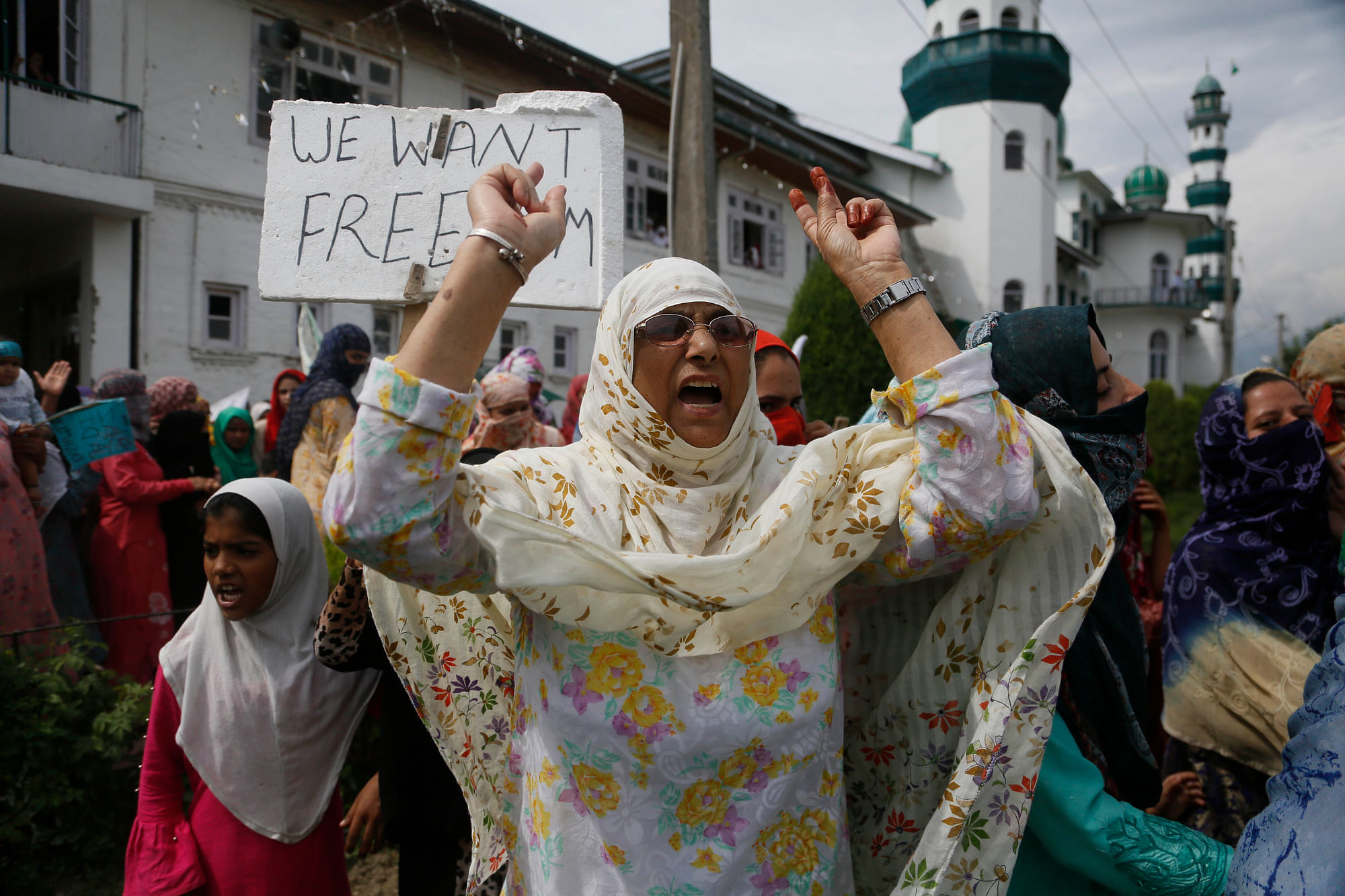Kashmiri women protest near Soura in Srinagar, on 29 August.