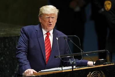 UNITED NATIONS, Sept. 24, 2019 (Xinhua) -- U.S. President Donald Trump addresses the General Debate of the 74th session of the UN General Assembly at the UN headquarters in New York, on Sept. 24, 2019. The General Debate of the 74th session of the UN General Assembly opened on Tuesday with the theme of "Galvanizing multilateral efforts for poverty eradication, quality education, climate action and inclusion." (Xinhua/Li Muzi/IANS)