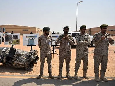 RIYADH, Sept. 5, 2019 (Xinhua) -- Saudi army officers are seen at a military facility in Al Kharj, south of Riyadh, Saudi Arabia, on Sept. 5, 2019. Saudi-led coalition involved in a war in Yemen on Thursday intercepted a drone launched by Houthis towards Saudi border city Khamis Mushayt, Saudi Press Agency reported. (Xinhua/Tu Yifan/IANS)