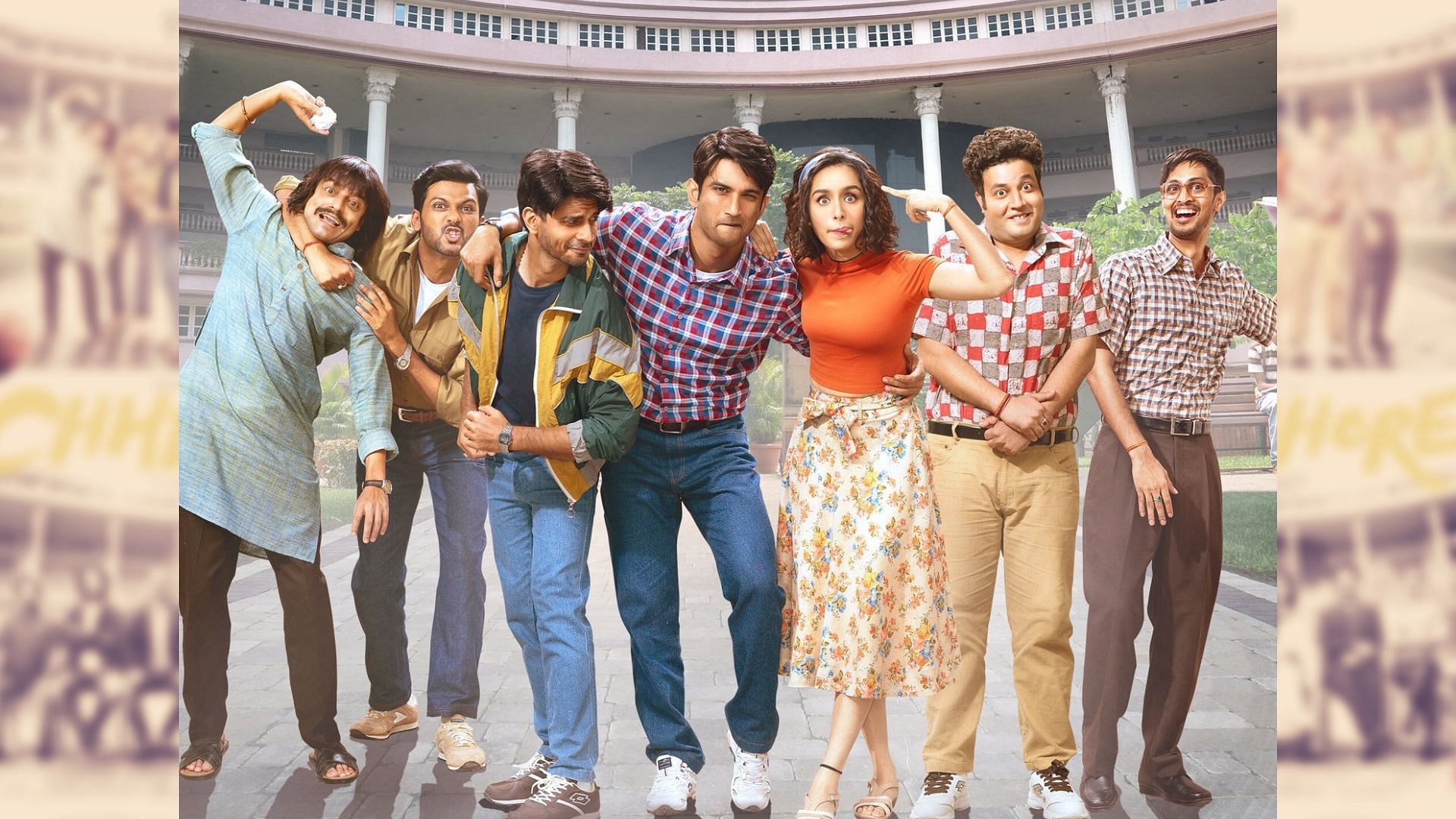 Sushant Singh Rajput, Shraddha Kapoor and Varun Sharma in a poster for <i>Chhichhore</i>.