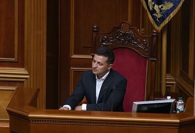 KIEV, Aug. 30, 2019 (Xinhua) -- Ukrainian President Volodymyr Zelensky attends the parliament session in Kiev, Ukraine, Aug. 29, 2019. Ukrainian parliament of the 9th convocation appointed Oleksiy Honcharuk to be the Ukrainian prime minister, information on the parliament