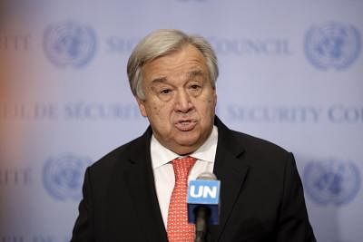 UNITED NATIONS, Aug. 1, 2019 (Xinhua) -- United Nations Secretary-General Antonio Guterres speaks to journalists during a press encounter at the UN headquarters in New York, on Aug. 1, 2019. Antonio Guterres on Thursday called for "concrete plans" at the Climate Action Summit he is to convene in September. (Xinhua/Li Muzi/IANS)