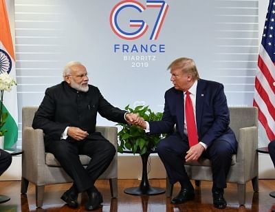 Biarritz: Prime Minister Narendra Modi meets US President Donald Trump on the sidelines of the G7 Summit in Biarritz, France on Aug 26, 2019. (Photo: IANS/PMO)