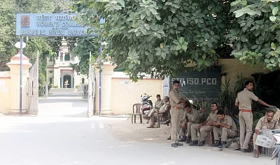 Varanasi: Security beefed up outside the Banaras Hindu University (BHU) after police lathi-charged the students of the Banaras Hindu University (BHU) while they were agitating against the molestation of a student inside the campus in Varanasi on Sept 26, 2017. (Photo: IANS)