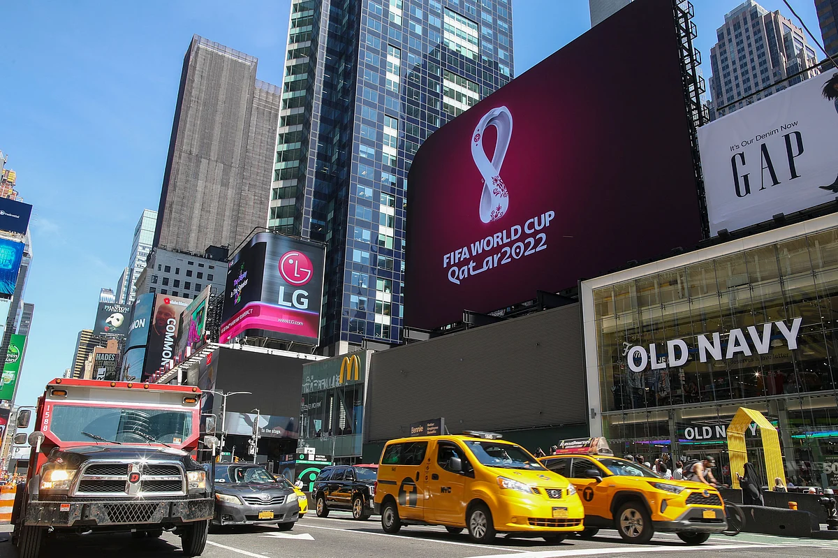 An electronic billboard displays a FIFA World Cup Qatar 2022 logo on Tuesday, 3 September in New York’s Times Square.