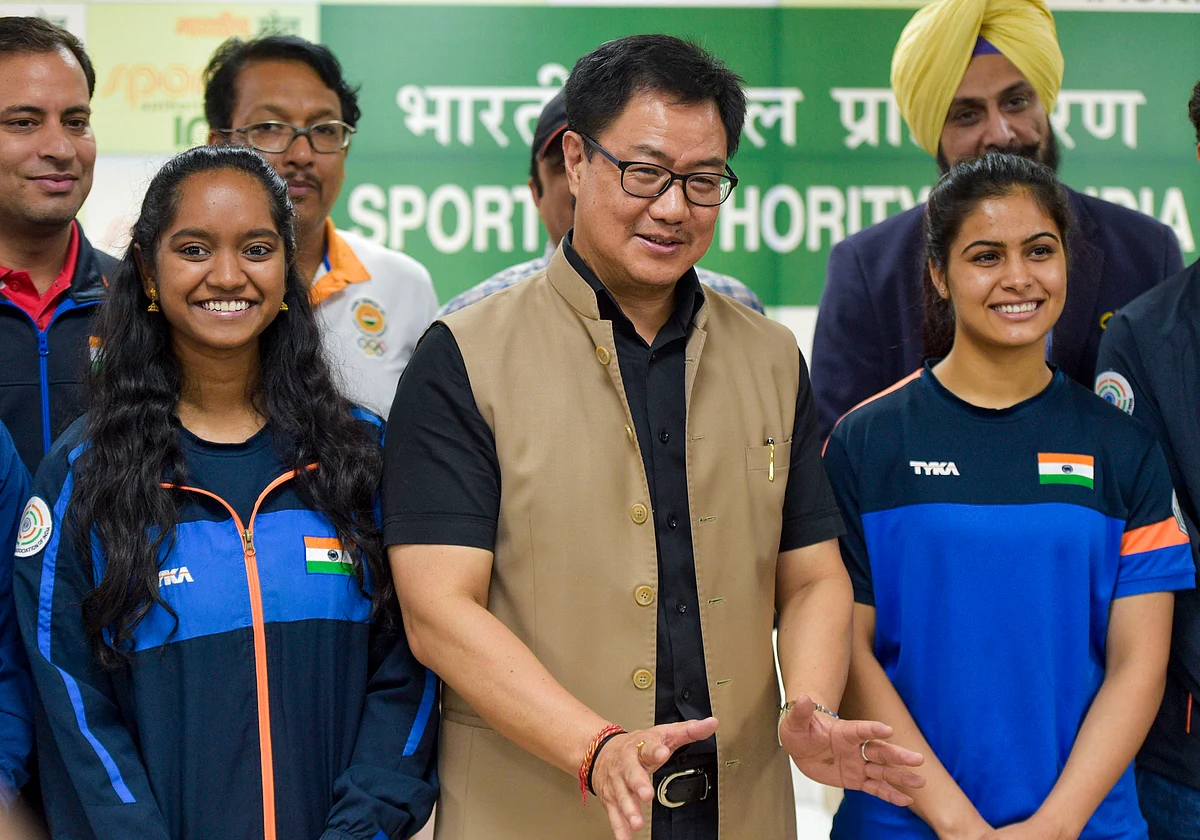 Union Sports Minister Kiren Rijiju meets with members of the Indian shooting team that returned from the ISSF Rifle and Pistol World Cup in Rio De Janeiro, in New Delhi, Friday, Sept. 6, 2019.
