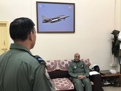 Bengaluru: Defence Minister Rajnath Singh posted wearing a G-suit shortly before taking off for his maiden sortie on the Tejas LCA in Bengaluru on Sep 19, 2019. (Photo: IANS)