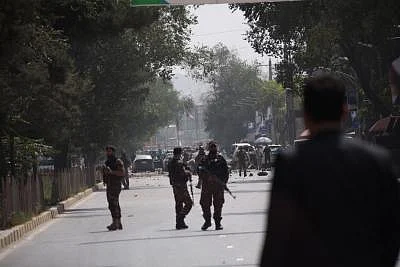 KABUL, Sept. 5, 2019 (Xinhua) -- Members of Afghan security forces stand guard at the site of a car bomb attack in Kabul, capital of Afghanistan, Sept. 5, 2019. At least 10 people, all civilians, have been confirmed dead and 42 others injured as a car bomb rocked Shash Darak area in the Police District 9 of Kabul city on Thursday, Afghan Interior Ministry spokesman Nasrat Rahimi said. (Photo by Rahmatullah Alizadah/Xinhua/IANS)