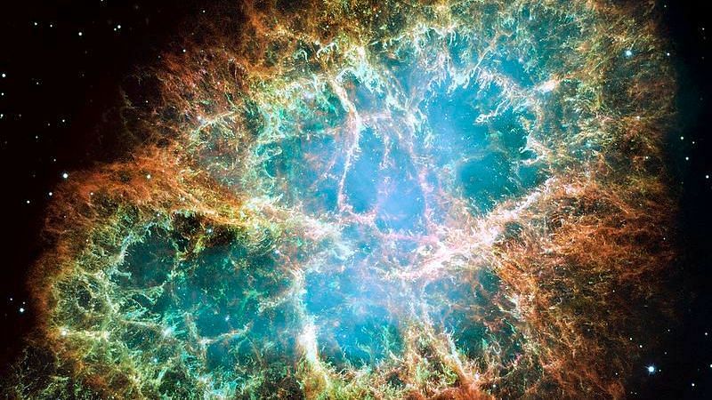 A giant <a href="https://en.wikipedia.org/wiki/Hubble_Space_Telescope">Hubble</a> mosaic of the <a href="https://en.wikipedia.org/wiki/Crab_Nebula">Crab Nebula</a>, a <a href="https://en.wikipedia.org/wiki/Supernova_remnant">supernova remnant.</a>