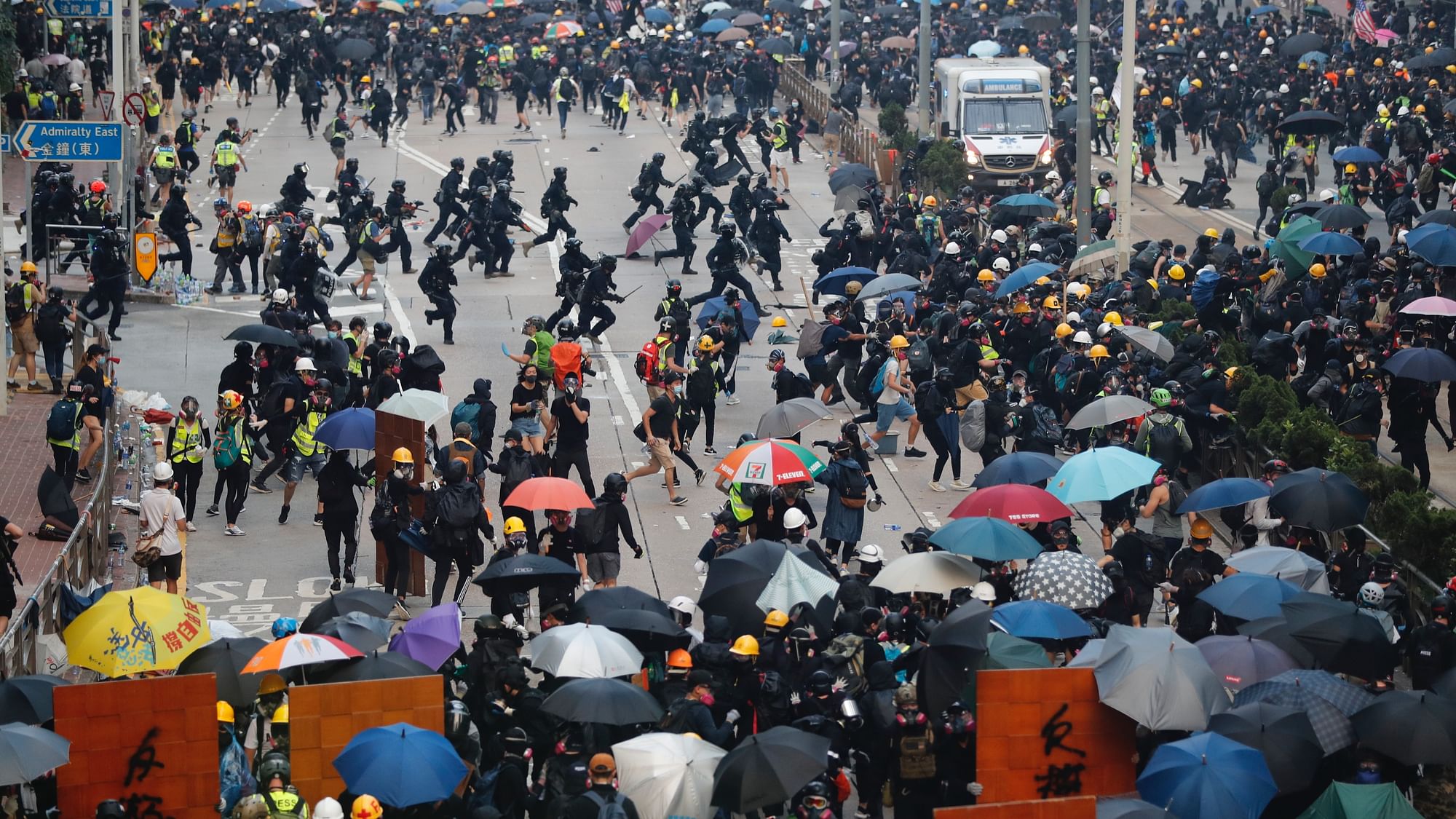 Protestors clash with police in Hong Kong.